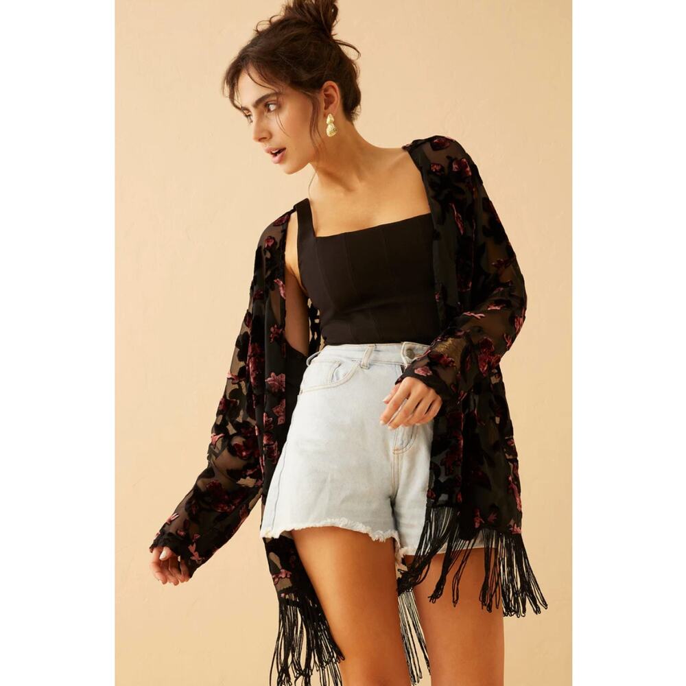 Black Floral Sheer Fringe Kimono Shrug - Women